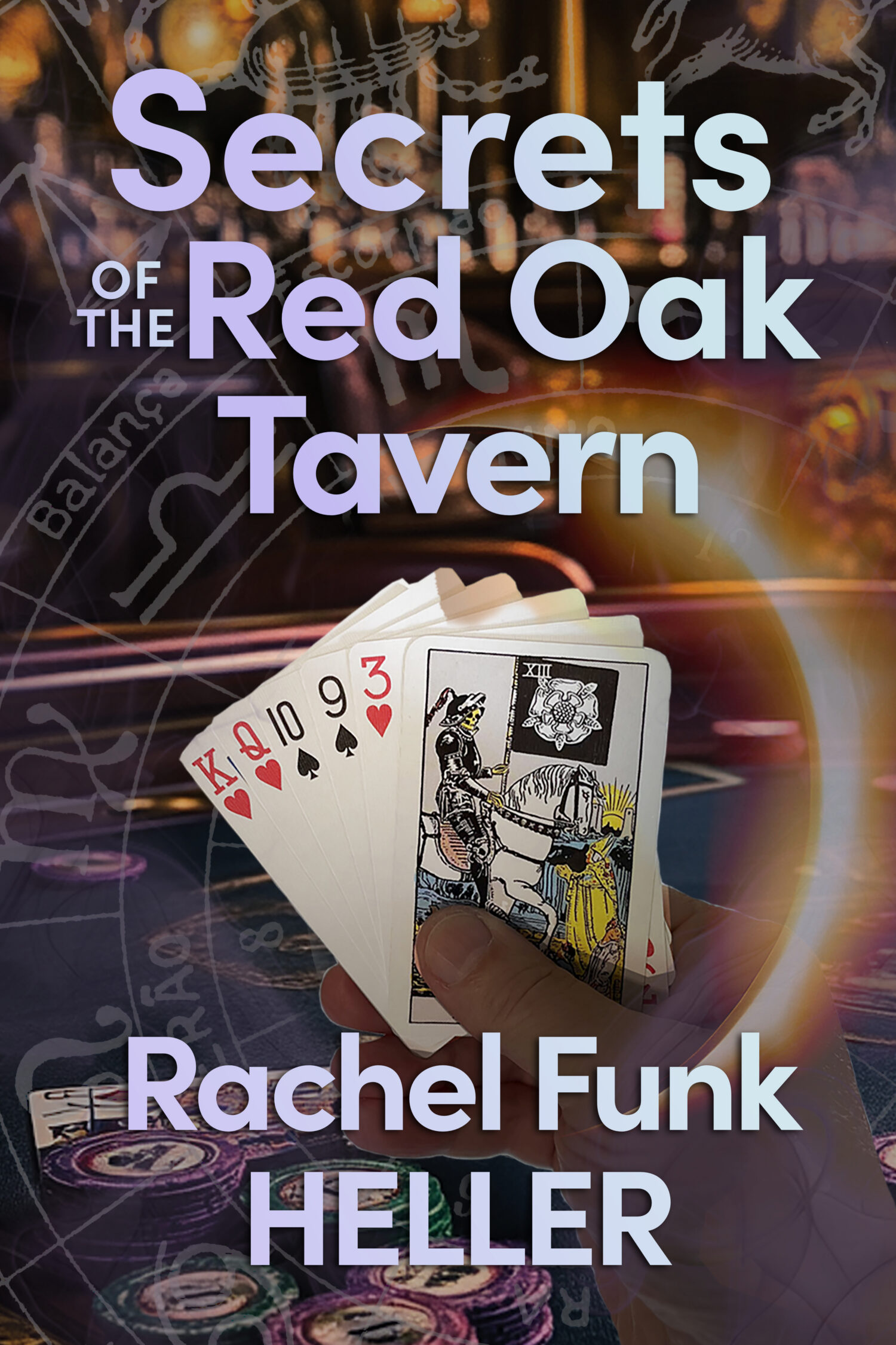 a book cover featuring a human hand holding five playing cards, the top card is the Tarot Death card.