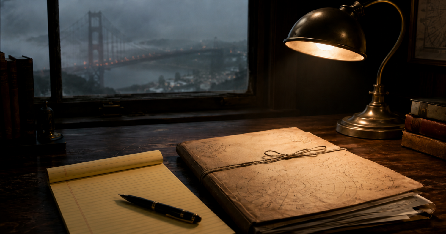 A cinematic literary mystery blog header: a closed case file on a dark wooden table, a black-and-white victim photo turned face down, a brass desk lamp casting a narrow pool of light, faint San Francisco fog visible through old window glass, subtle astrological chart markings penciled in the margins of the file. Elegant, atmospheric, adult crime fiction tone, realistic photography, shallow depth of field, no readable text. Make the image size 1200 x 630 pixels